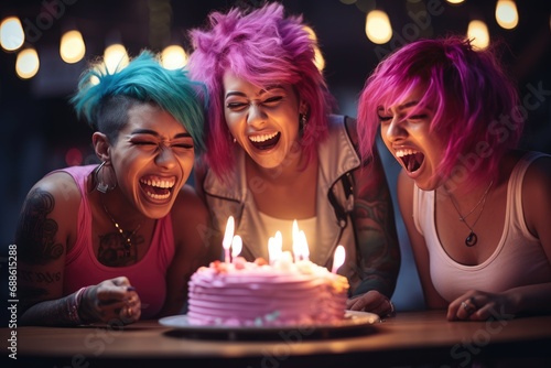 girls celebrate birthday. Friends bring them gift boxes to surprise them on their birthday. woman blowing out candles at a party