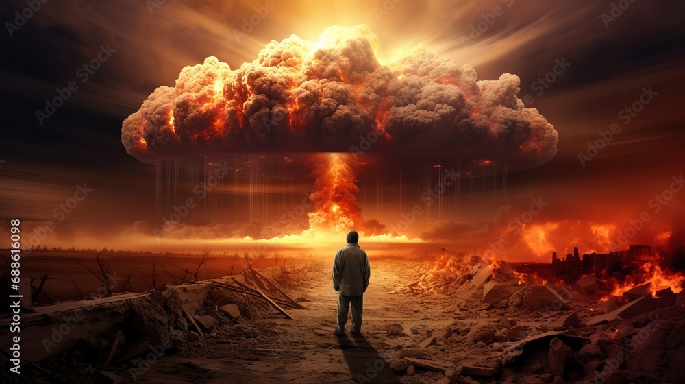 Obraz premium The consequences of a nuclear war. The silhouette of a man against the background of the smoke of a nuclear explosion.