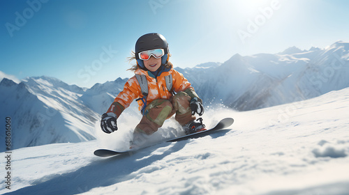 snowboarder kid in the mountains slope - Wintersport, snow, vacation.  photo