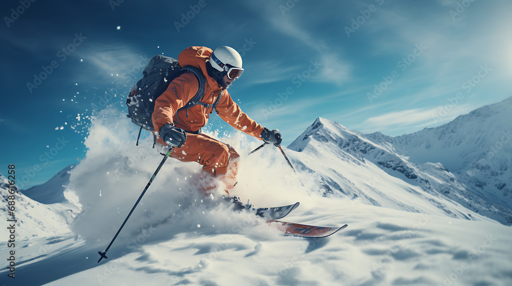A skier against a clear blue sky, with a snowy mountain range in the background
