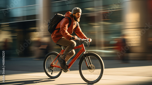 person riding a bike in the city - Side view of a man riding a bycicle, helmet,