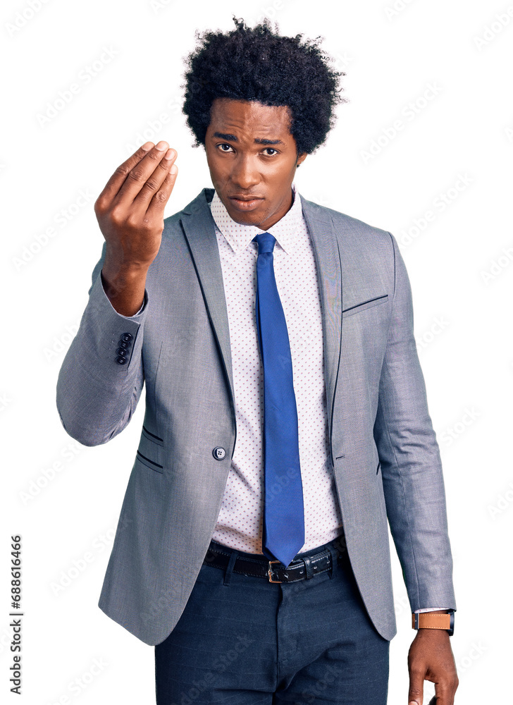 Handsome african american man with afro hair wearing business jacket doing italian gesture with hand and fingers confident expression Handsome african american man with afro hair wearing business jacket doing italian gesture with hand and fingers confident expression