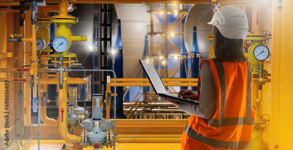 Woman factory engineer. Girl with laptop near industrial pipes. Yellow pipeline of compressor