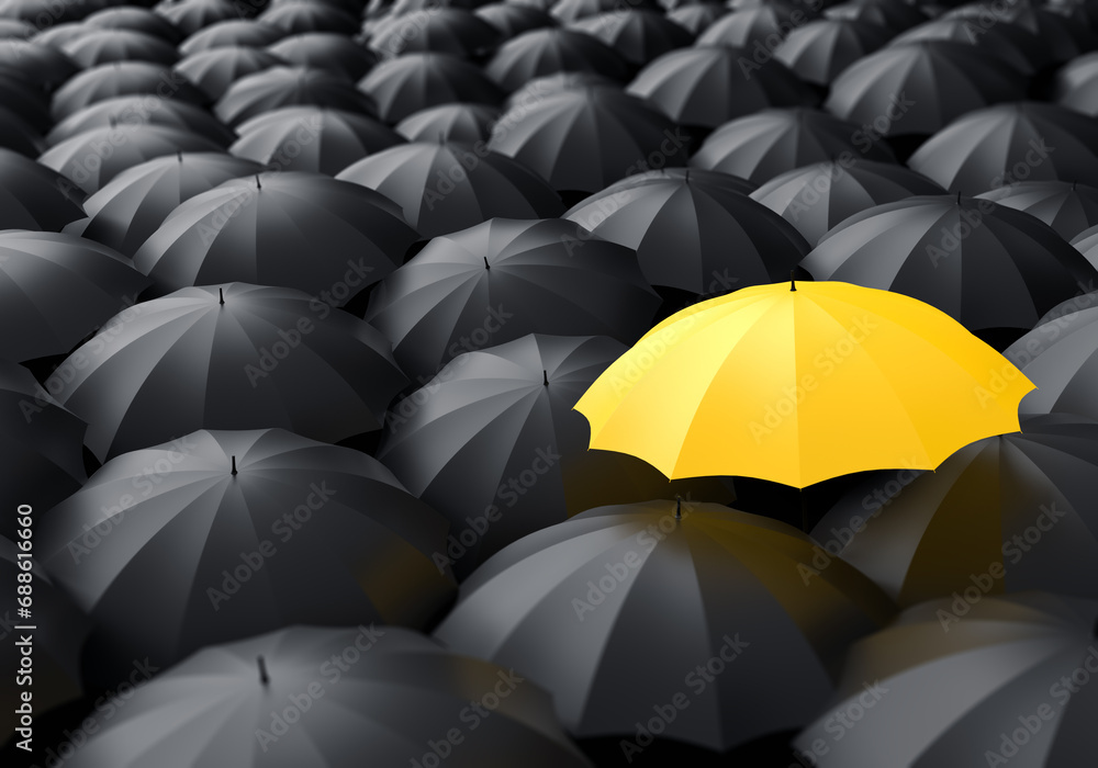 Background with umbrellas. Individuality concept. Yellow umbrella stands out among black ones. Metaphor for unique offer. Stylish background with umbrellas. Individuality to stand out. 3d image - obrazy, fototapety, plakaty 