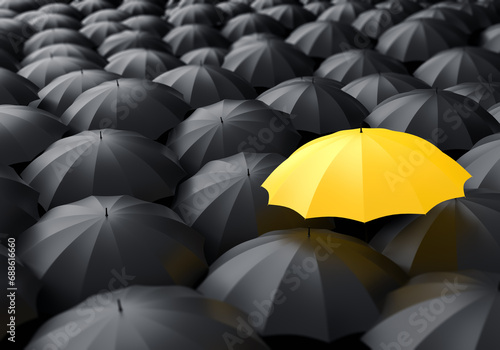Background with umbrellas. Individuality concept. Yellow umbrella stands out among black ones. Metaphor for unique offer. Stylish background with umbrellas. Individuality to stand out. 3d image photo