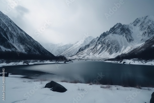 Winter Majesty: Snowy Mountain Peaks and Serene Lake – Nature's Tranquil Beauty, Snow, Mountain, Range, Lake, Winter, Majesty, Nature, Tranquil, Beauty, Snowy, Peaks, Serene, Landscape,