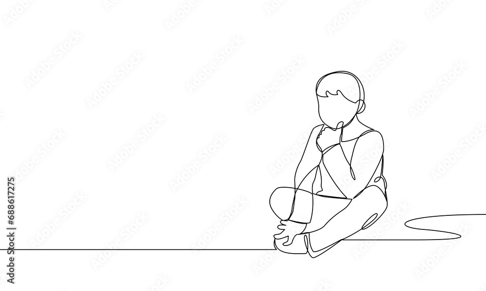One continuous line drawing of a boy. Sitting on the floor, bed, thoughtful child. Vector outline illustration