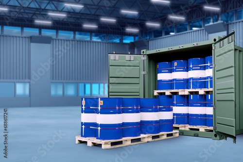 Barrels in sea container. H...