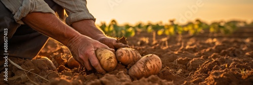 Close-up of a hands gently lifting a potato from the soil, capturing the moment of harvest and the earthy texture of the potatoes