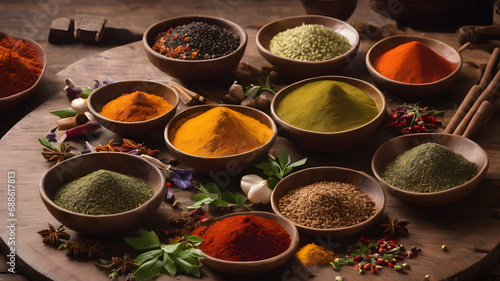 Assortment of colorful Indian spices and herbal powders served in small wooden bowls placed on a rustic dark wooden board