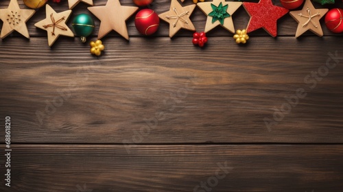 Christmas toys and decorations on a wooden background. An empty space for the text.