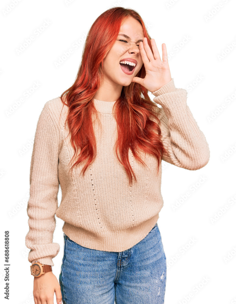 Φωτογραφία Young redhead woman wearing casual winter sweater shouting and screaming loud to side with hand on mouth