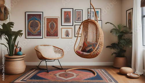 A modern boho office space featuring a hanging rattan chair, a vintage Persian rug, and an eclectic gallery wall showcasing vibrant artwork and framed photo ai generation