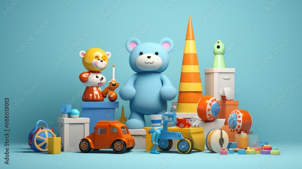 colorful 3d render of playful kids' toys on vibrant blue background – childhood fun and imagination concept colorful 3d render of playful kids' toys on vibrant blue background – childhood fun and imagination concept