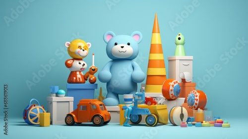 colorful 3d render of playful kids  toys on vibrant blue background     childhood fun and imagination concept