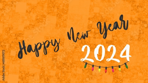 orange background and happy new year 2024 with hanging light bulbs on creative abstract background with 3D rendering illustration for anniversary concepts