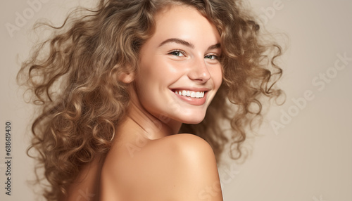 A mesmerizing portrayal of a woman's beauty unfolds in this image, where the focus is on flawless skin, a radiant smile, and a carefully styled curly blonde hairstyle