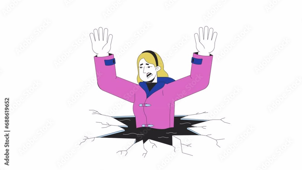Drowning in cold water line cartoon animation. Fall into frozen lake 4K video motion graphic. Caucasian woman surviving falling through ice 2D linear animated character isolated on white background Drowning in cold water line cartoon animation. Fall into frozen lake 4K video motion graphic. Caucasian woman surviving falling through ice 2D linear animated character isolated on white background