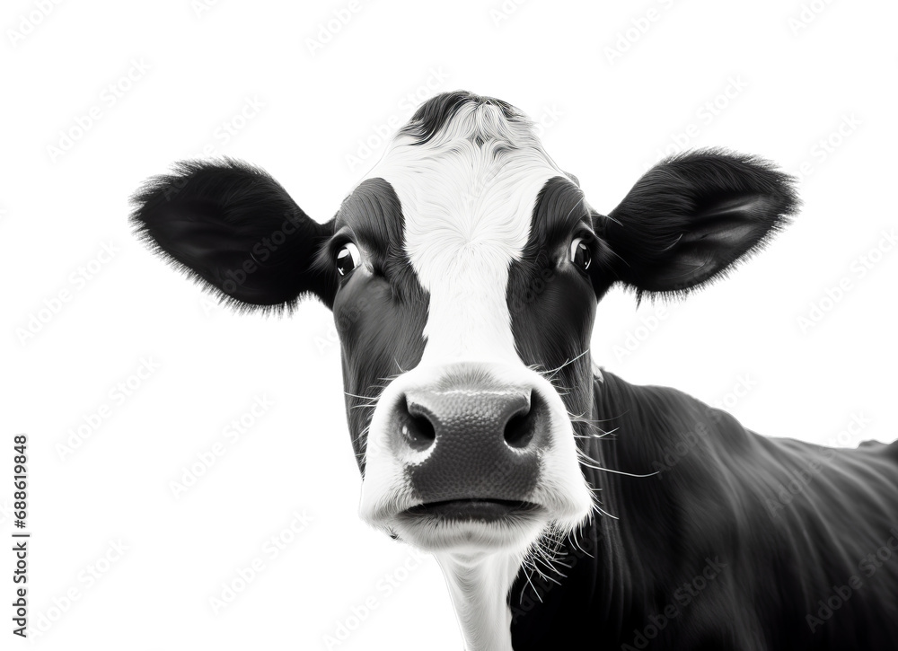 Close-up headshot of a young black and white Friesian cow, isolated on a transparent background Close-up headshot of a young black and white Friesian cow, isolated on a transparent background