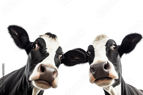 Close-up headshot of two playful, black and white Friesian calves, isolated on a transparent background