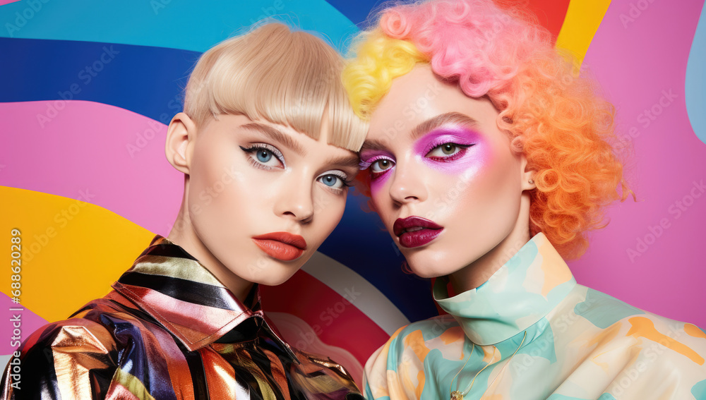 Two models with vibrant eye makeup and bold hair colors against a multicolored background, exuding edgy fashion and artistic flair. Two models with vibrant eye makeup and bold hair colors against a multicolored background, exuding edgy fashion and artistic flair.