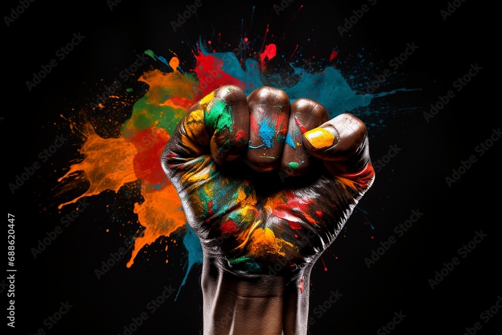a clenched fist with colorful paint on it a clenched fist with colorful paint on it