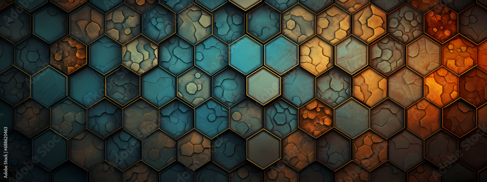 A high-detail abstract background centered around a large central hexagon surrounded by smaller hexagons