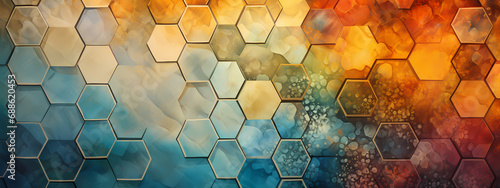 A high-detail abstract background centered around a large central hexagon surrounded by smaller hexagons photo