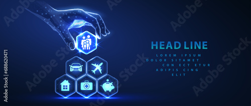 Complex family insurance plan. Hexagons with icons made pyramid and hand holding the top element. Virtual AI assistant