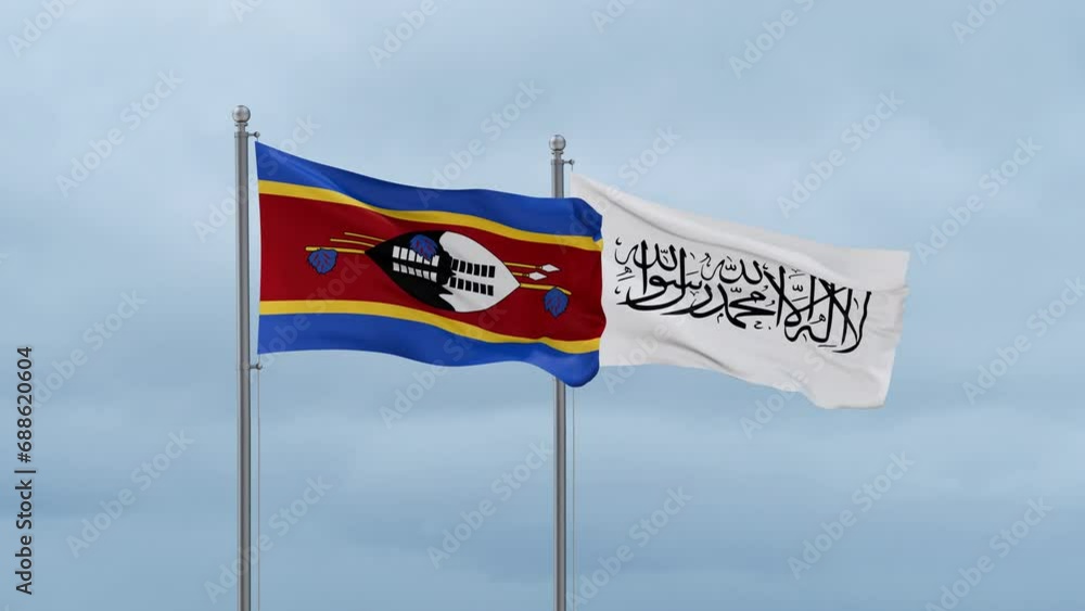 Eswatini flag and Afghanistan flag waving together on cloudy sky, endless seamless loop Eswatini flag and Afghanistan flag waving together on cloudy sky, endless seamless loop