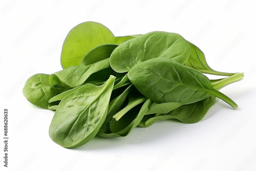 Pile of fresh green baby spinach leaves on a white background Pile of fresh green baby spinach leaves on a white background