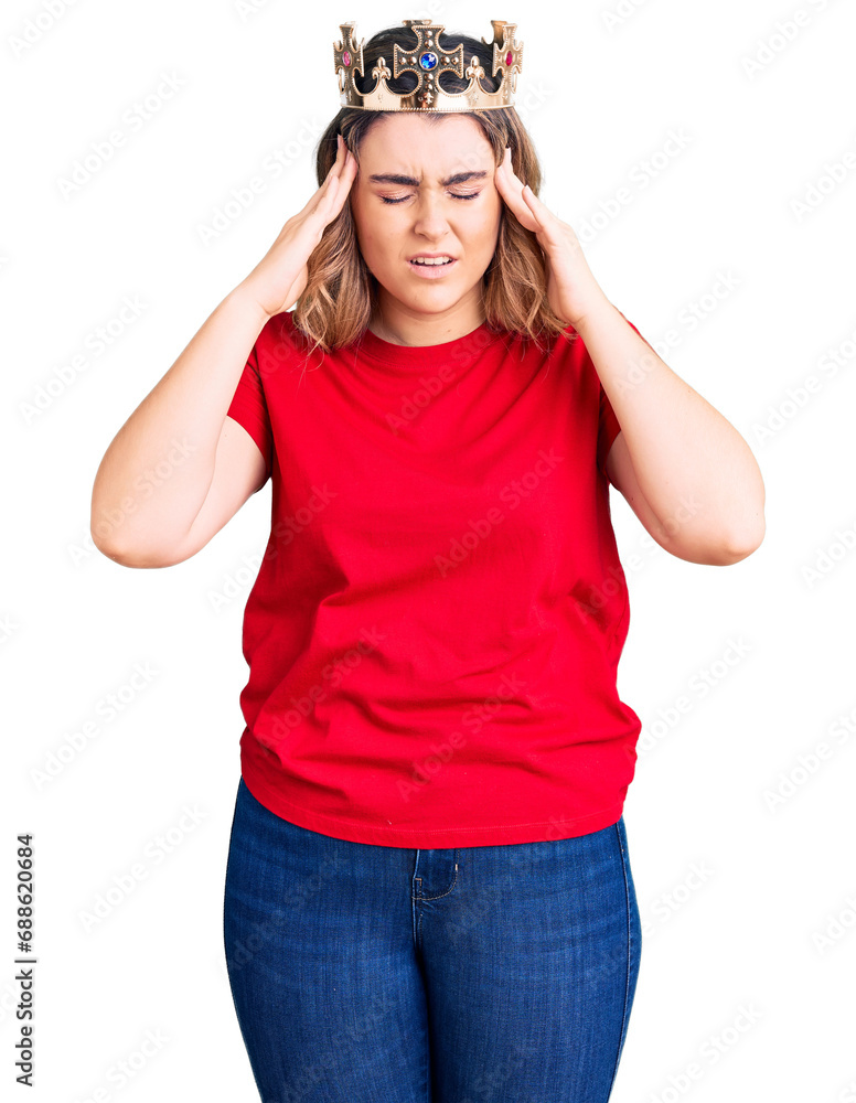 Young caucasian woman wearing princess crown suffering from headache desperate and stressed because pain and migraine. hands on head. Young caucasian woman wearing princess crown suffering from headache desperate and stressed because pain and migraine. hands on head.