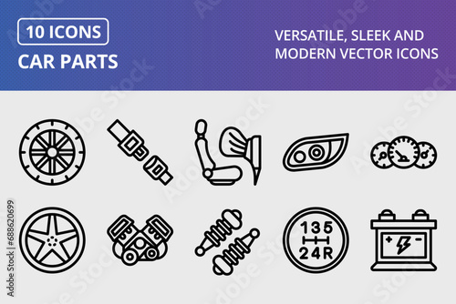 Car Parts Thick Line Icons Set