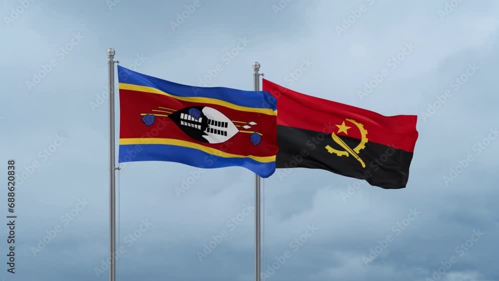 Eswatini flag and Angola flag waving together on cloudy sky, endless seamless loop Eswatini flag and Angola flag waving together on cloudy sky, endless seamless loop