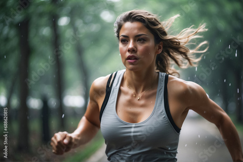 Athletic woman jogging in the park in the rain. photo