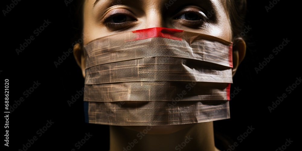 A tape over a mouth or a silenced microphone, representing the suppression of freedom of speech and expression , concept of Censorship - obrazy, fototapety, plakaty 