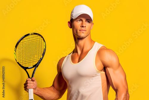 Muscular man with a tennis racket on a yellow background.