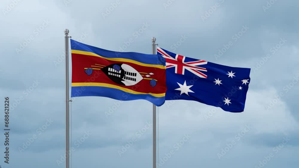 Australia flag and Eswatini flag waving together on cloudy sky, endless seamless loop, two country relations concept Australia flag and Eswatini flag waving together on cloudy sky, endless seamless loop, two country relations concept