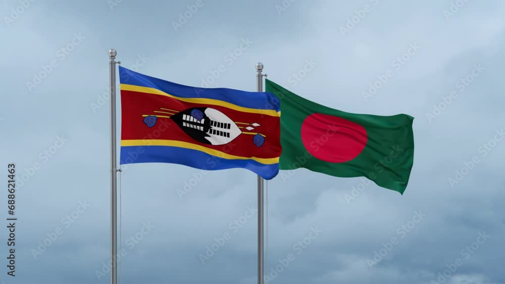 Bangladesh flag and Eswatini flag waving together on cloudy sky, endless seamless loop, two country relations concept Bangladesh flag and Eswatini flag waving together on cloudy sky, endless seamless loop, two country relations concept