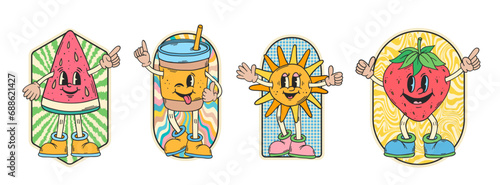 Retro cartoon characters set. Retro stickers collection. Strawberry, sun. Hippie patch badges. Vintage animation art. Groovy doodles. 60s and 70s nostalgia.