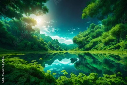 A surreal landscape where the sky is reflected in the green leaves, blurring the boundary between earth and sky, creating an atmosphere that feels like an otherworldly dreamscape
