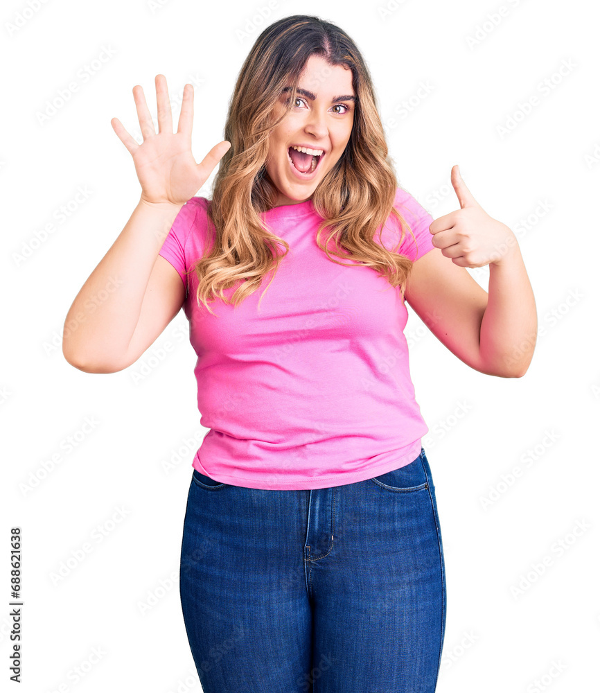 Young caucasian woman wearing sportswear showing and pointing up with fingers number six while smiling confident and happy. Young caucasian woman wearing sportswear showing and pointing up with fingers number six while smiling confident and happy.