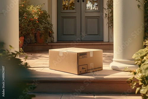 Home delivery convenience. Pile of cardboard packages at doorstep. Online shopping delight. Stack of parcels ready. Swift shipping service. Brown cardboard boxes arranged at entrance © Bussakon