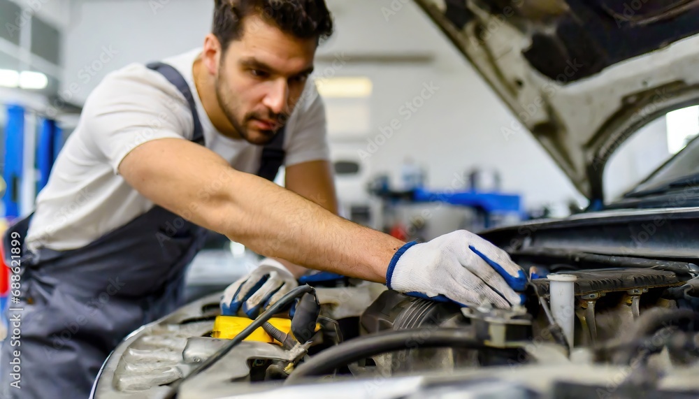 Car mechanic working on car engine in mechanics garage. Repair service Car mechanic working on car engine in mechanics garage. Repair service