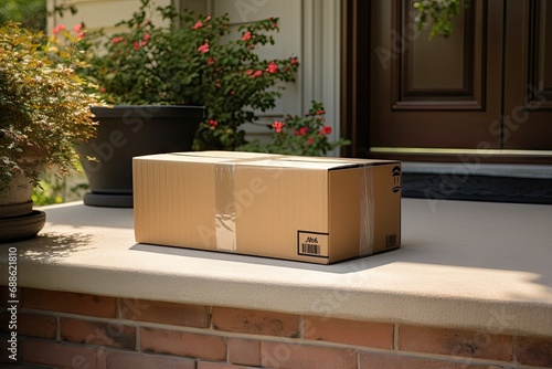Home delivery convenience. Pile of cardboard packages at doorstep. Online shopping delight. Stack of parcels ready. Swift shipping service. Brown cardboard boxes arranged at entrance