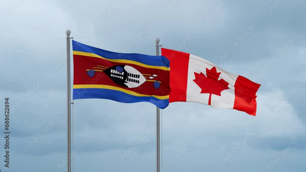 Canada and Eswatini flag waving together on cloudy sky, endless seamless loop, two country cooperation concept Canada and Eswatini flag waving together on cloudy sky, endless seamless loop, two country cooperation concept