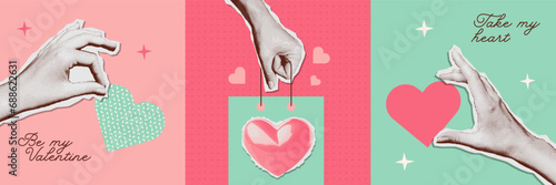 Halftone Valentines day collage covers set in contemporary mixed media style. Modern vector poster with dotted elements - hands and hearts. Concept of relationship, love, romance, valentine day.