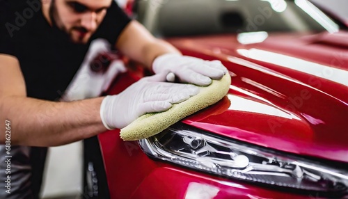  Car detailing - the man hands holds the polishing microfiber and car 