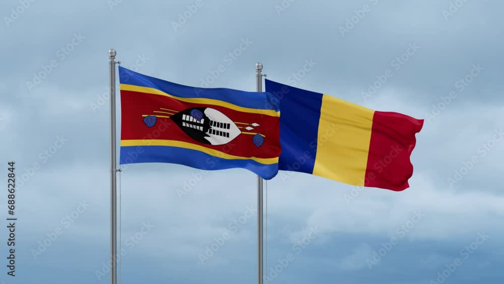 Chad flag and Eswatini flag waving together on cloudy sky, endless seamless loop, two country relations concept Chad flag and Eswatini flag waving together on cloudy sky, endless seamless loop, two country relations concept