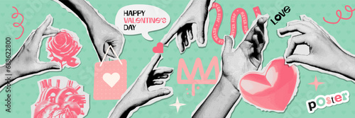 Creative set of Valentine's day greeting cards with Halftone hand and vintage Hearts, flowers. Contemporary Valentine Collage of Retro celebration poster for Social Media. 60s Vector stickers.